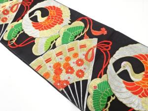 アンティーク　鶴に笠松・桧扇・花模様織り出し袋帯（材料）